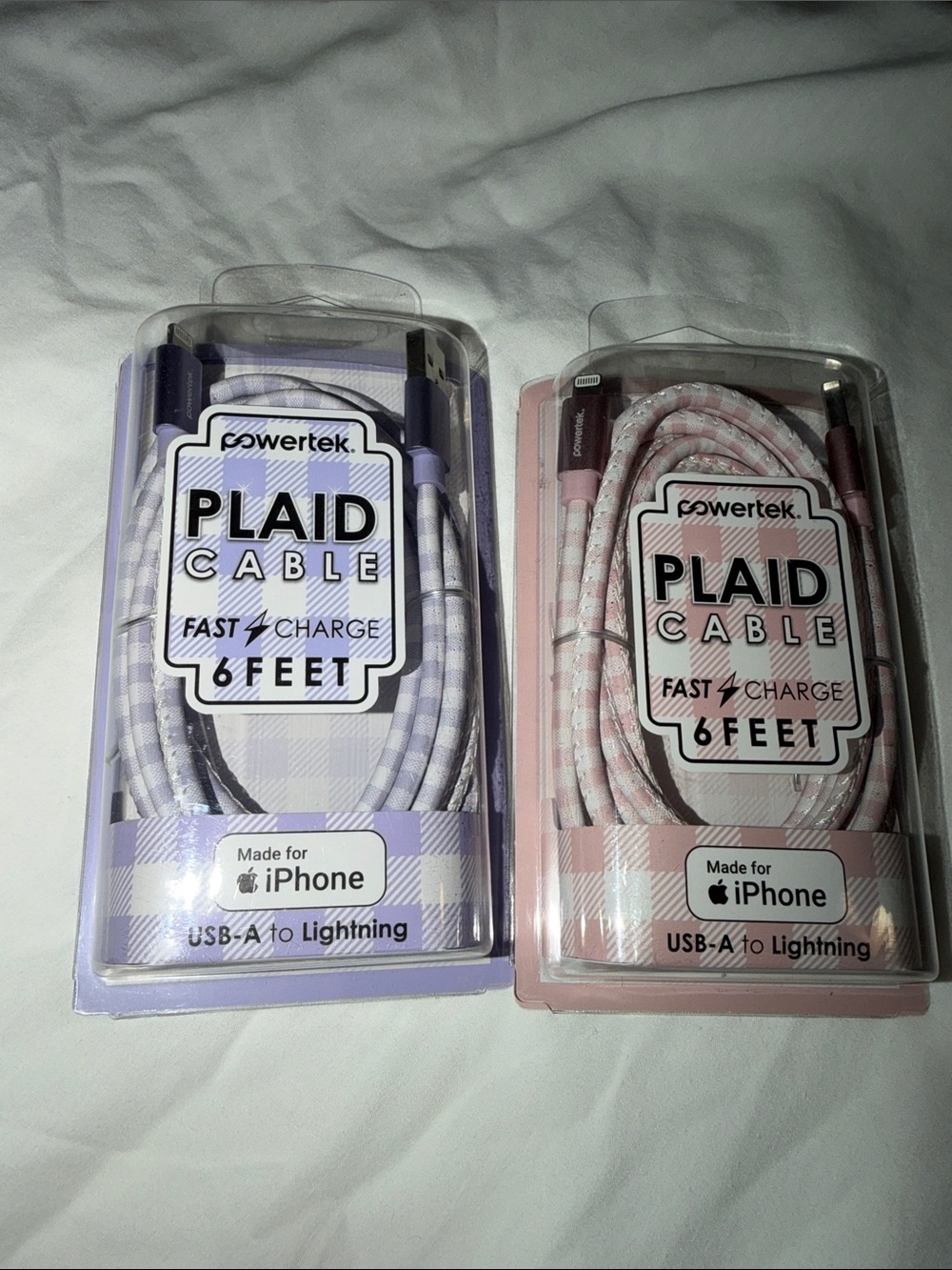2- PowerTek Plaid 6ft USB-A to Lightning Cable — Purple and Pink